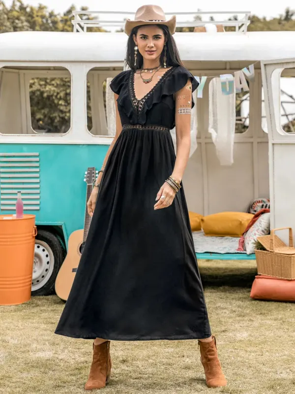 Lace Detail Plunge Cap Sleeve Midi Dress sold by Gigi Laurent