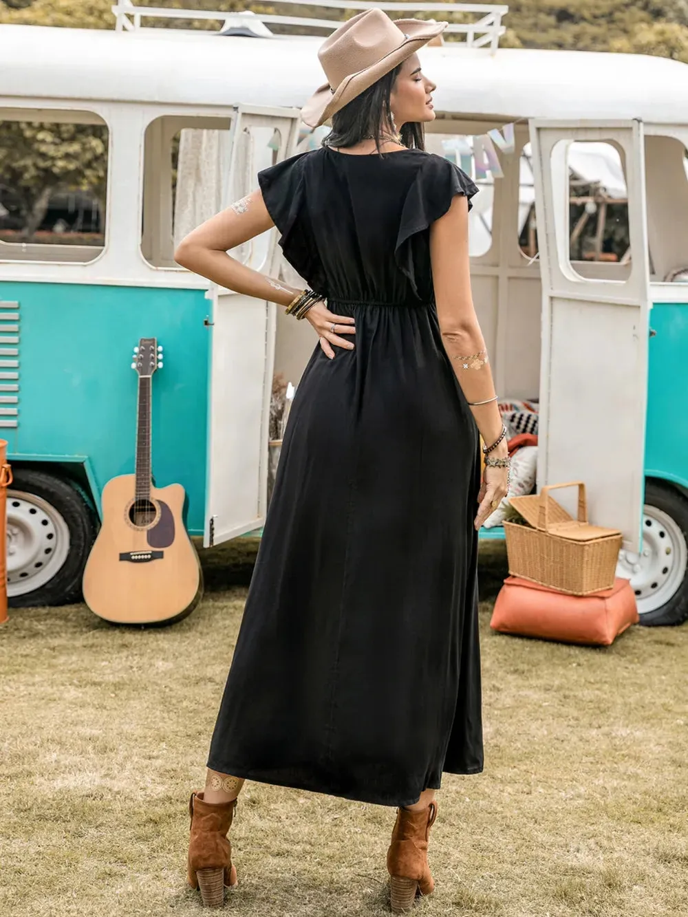 Lace Detail Plunge Cap Sleeve Midi Dress sold by Gigi Laurent product image thumbnail 2