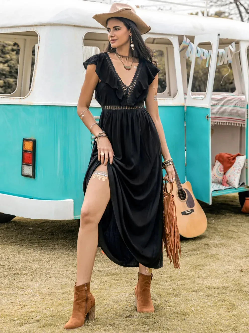 Lace Detail Plunge Cap Sleeve Midi Dress sold by Gigi Laurent product image thumbnail 3