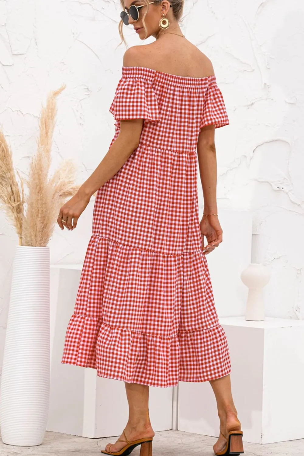 Plaid Off-Shoulder Tiered Midi Dress sold by Gigi Laurent product image thumbnail 3