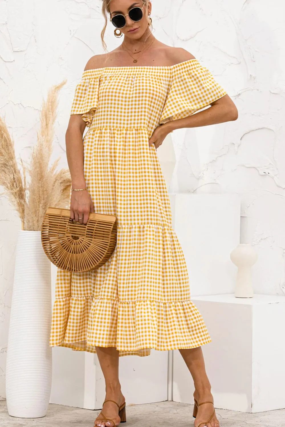 Plaid Off-Shoulder Tiered Midi Dress sold by Gigi Laurent product image thumbnail 5