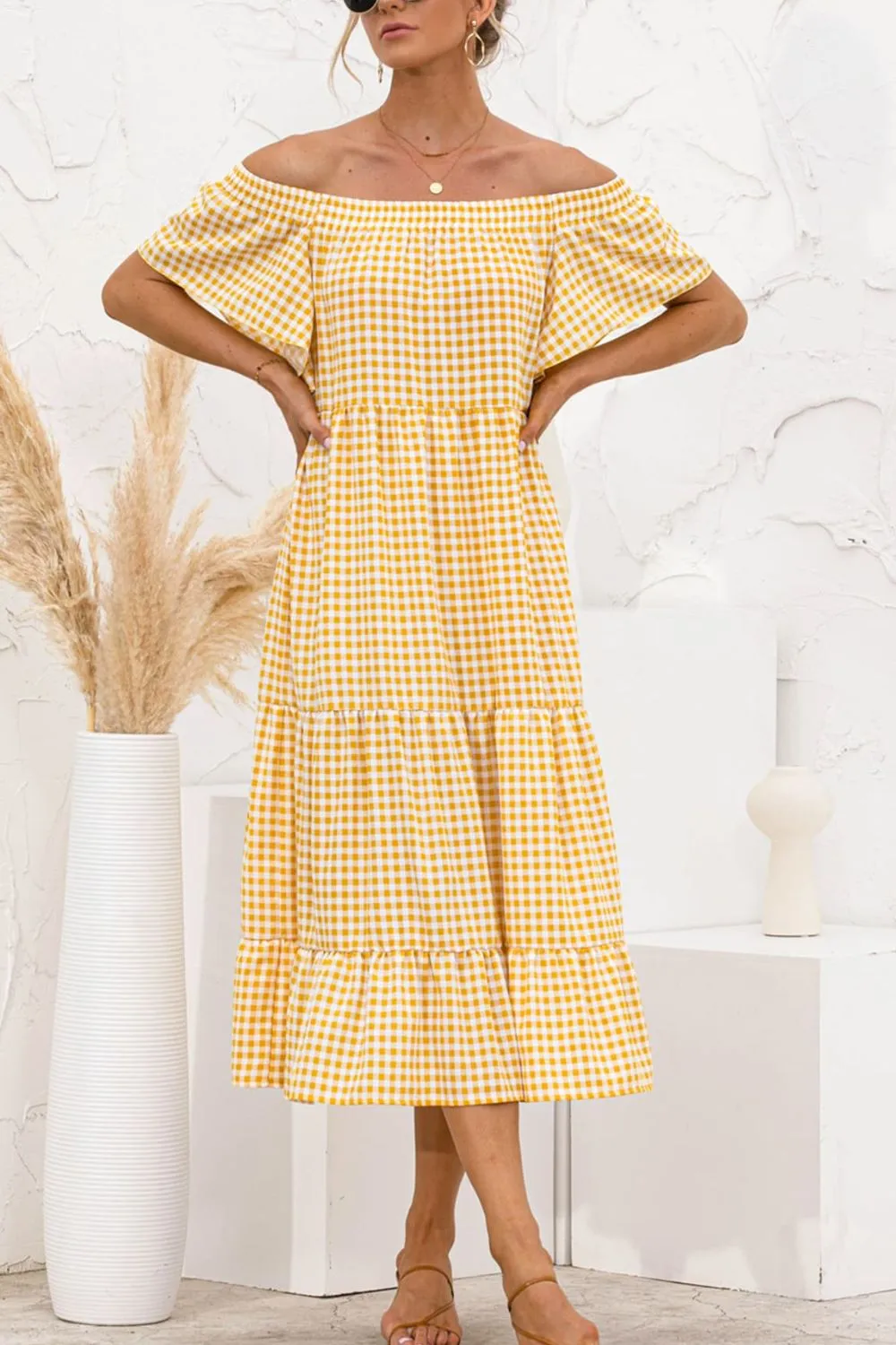 Plaid Off-Shoulder Tiered Midi Dress sold by Gigi Laurent product image thumbnail 4