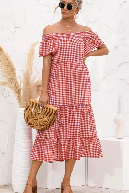 Plaid Off-Shoulder Tiered Midi Dress sold by Gigi Laurent