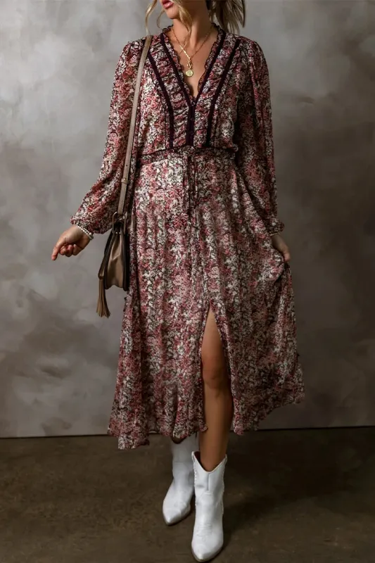 Frill Printed V-Neck Long Sleeve Midi Dress sold by Gigi Laurent
