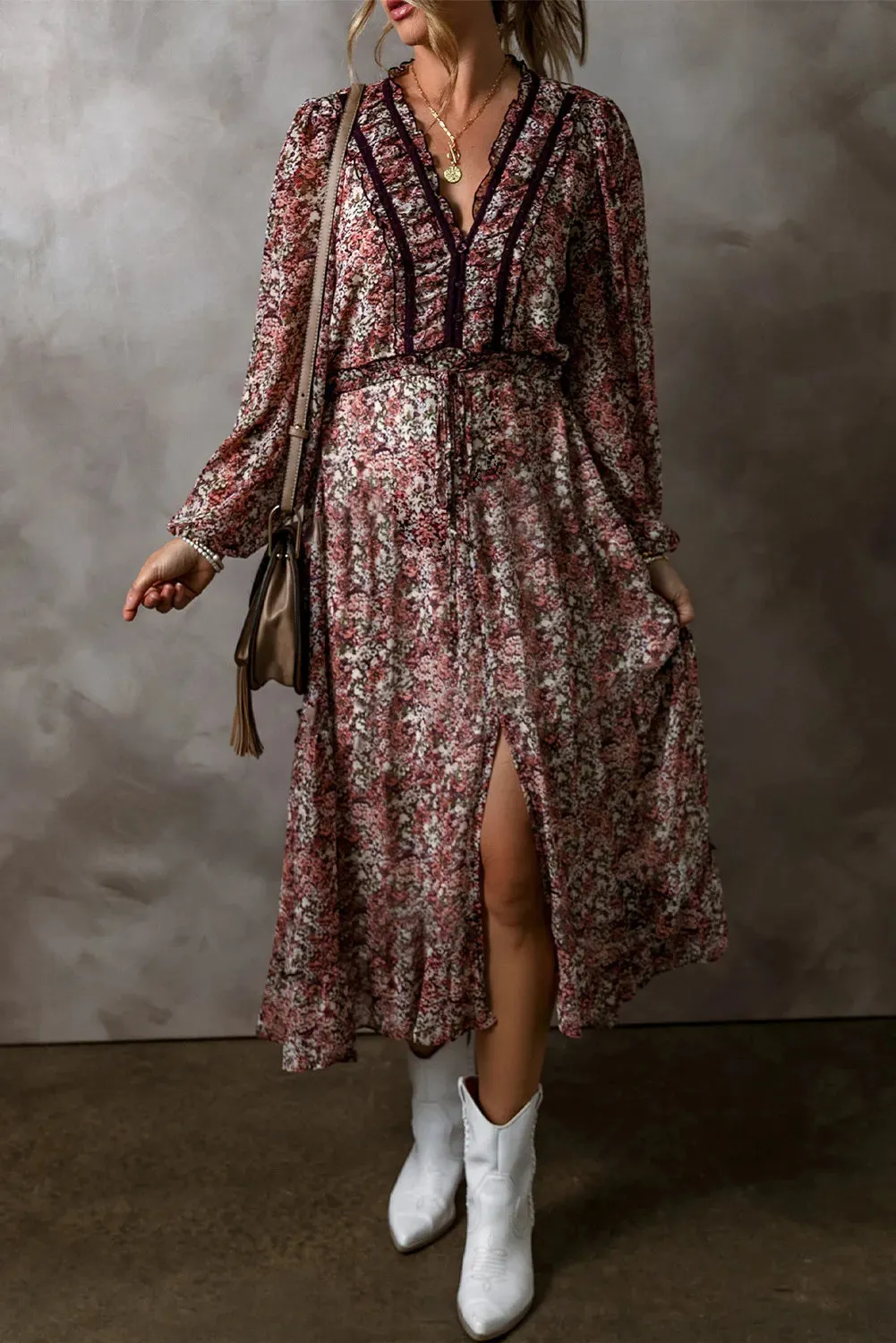 Frill Printed V-Neck Long Sleeve Midi Dress sold by Gigi Laurent