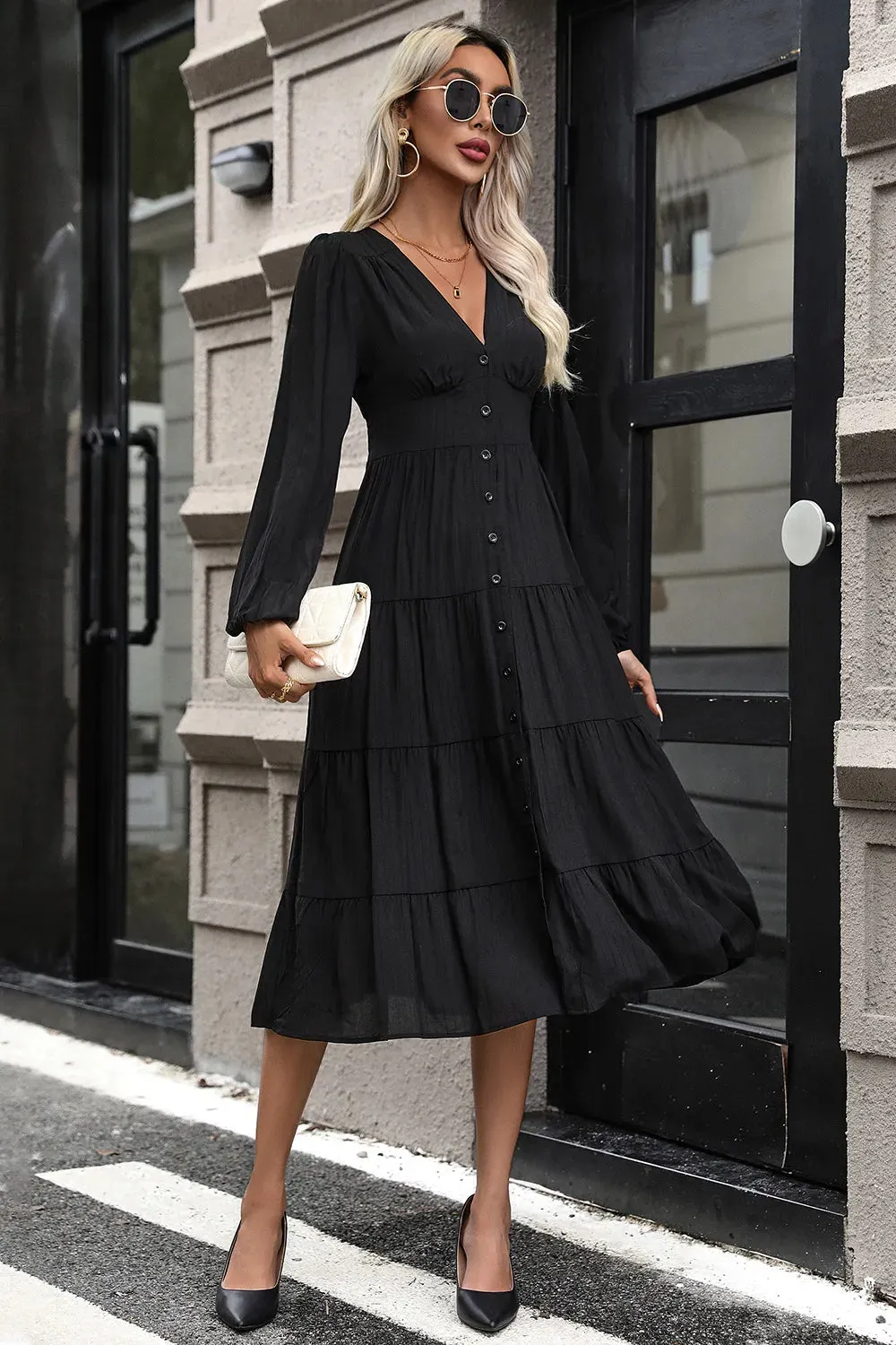 Perfee Tiered Ruched Button Up Midi Dress sold by Gigi Laurent product image thumbnail 4
