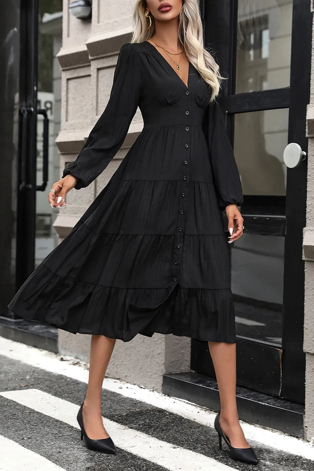 Perfee Tiered Ruched Button Up Midi Dress sold by Gigi Laurent product image thumbnail 5