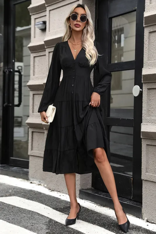 Perfee Tiered Ruched Button Up Midi Dress sold by Gigi Laurent