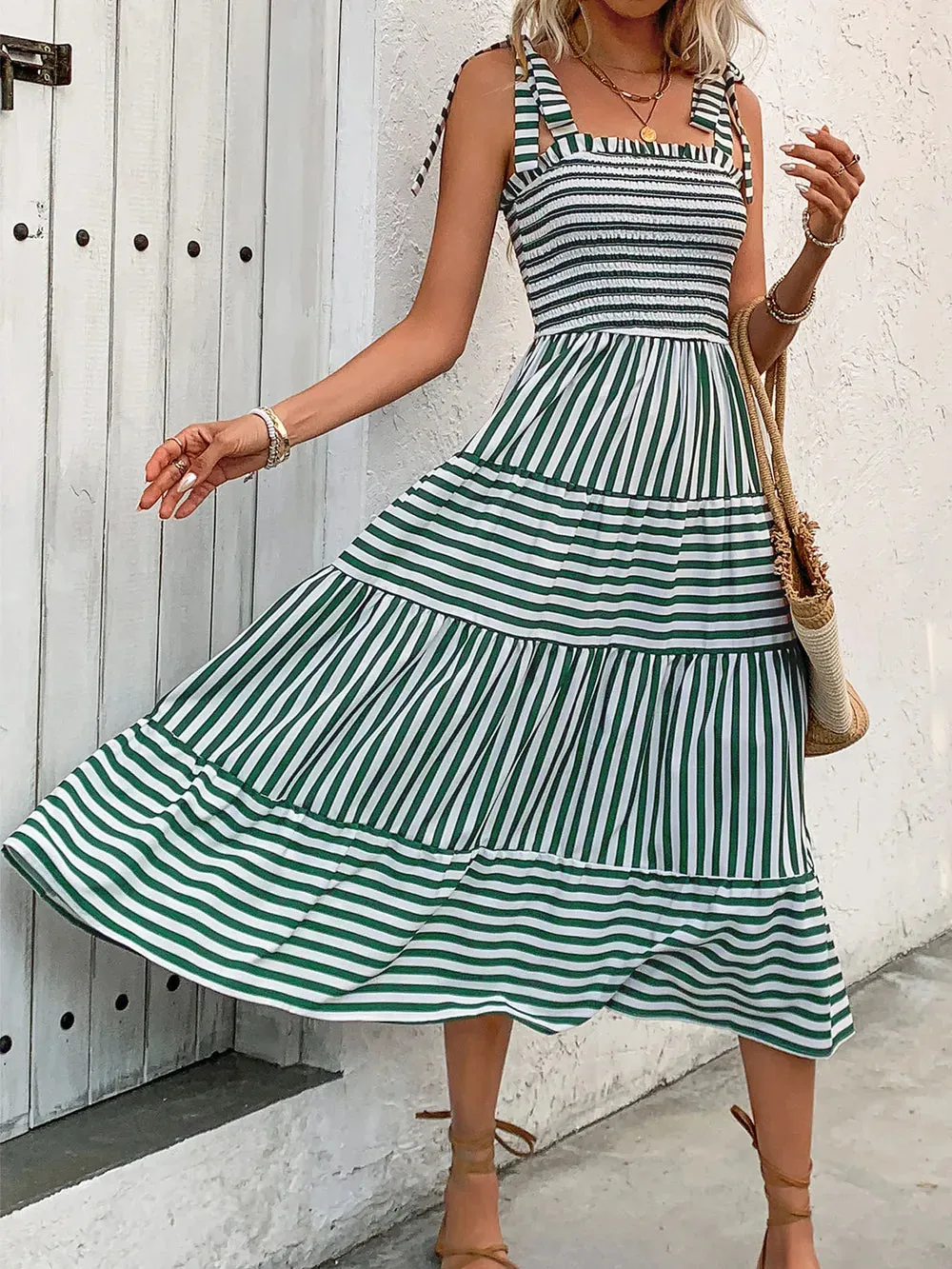 Perfee Smocked Striped Square Neck Midi Dress sold by Gigi Laurent product image thumbnail 3