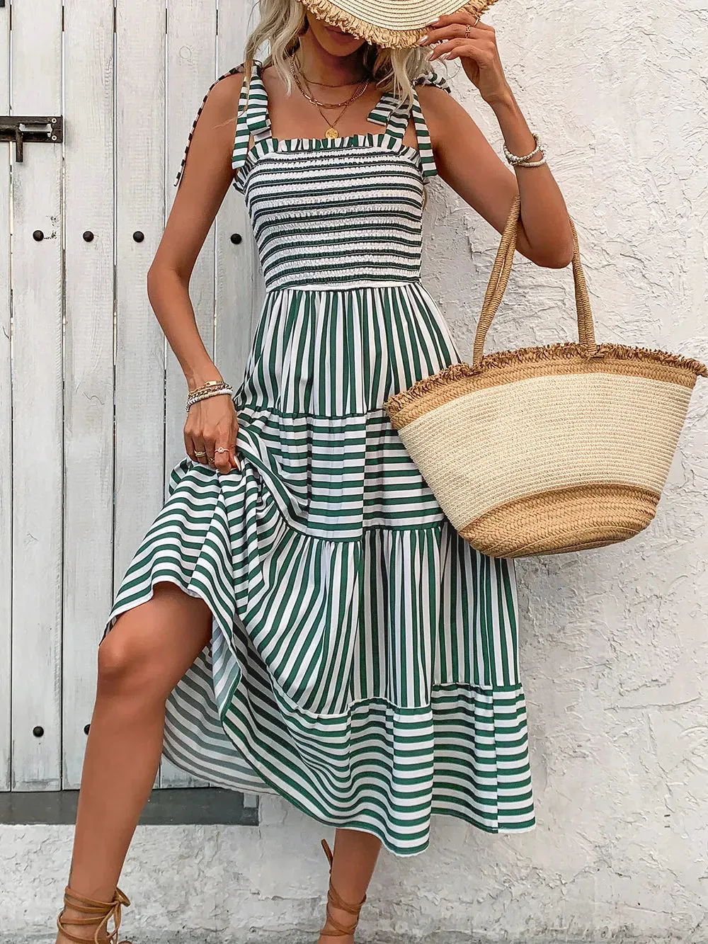 Perfee Smocked Striped Square Neck Midi Dress sold by Gigi Laurent