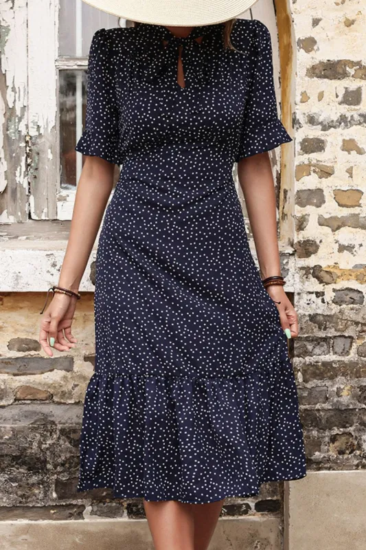 Perfee Polka Dot Tie Front Ruffled Midi Dress sold by Gigi Laurent
