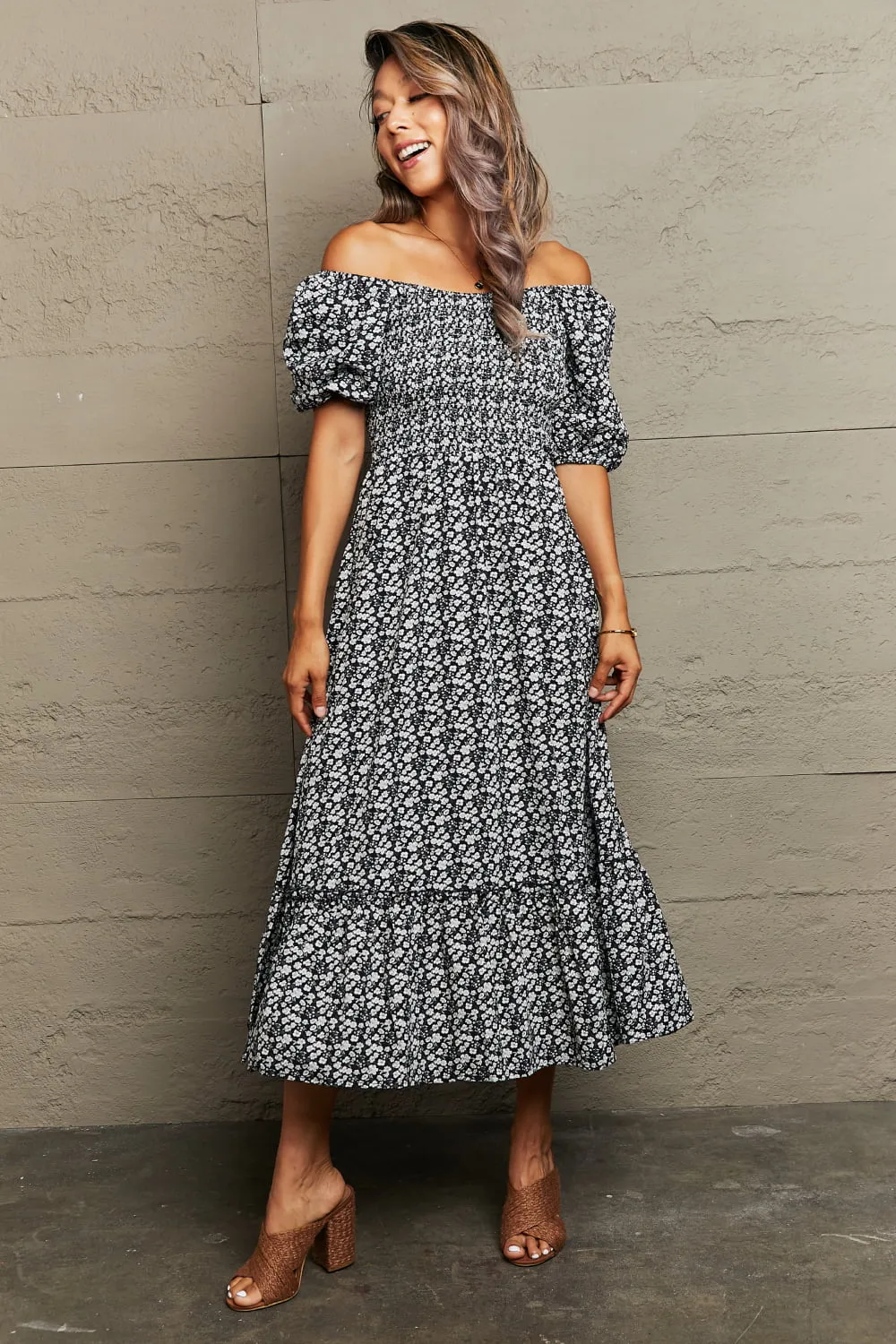 Perfee Floral Lace-Up Off-Shoulder Midi Dress sold by Gigi Laurent product image thumbnail 4