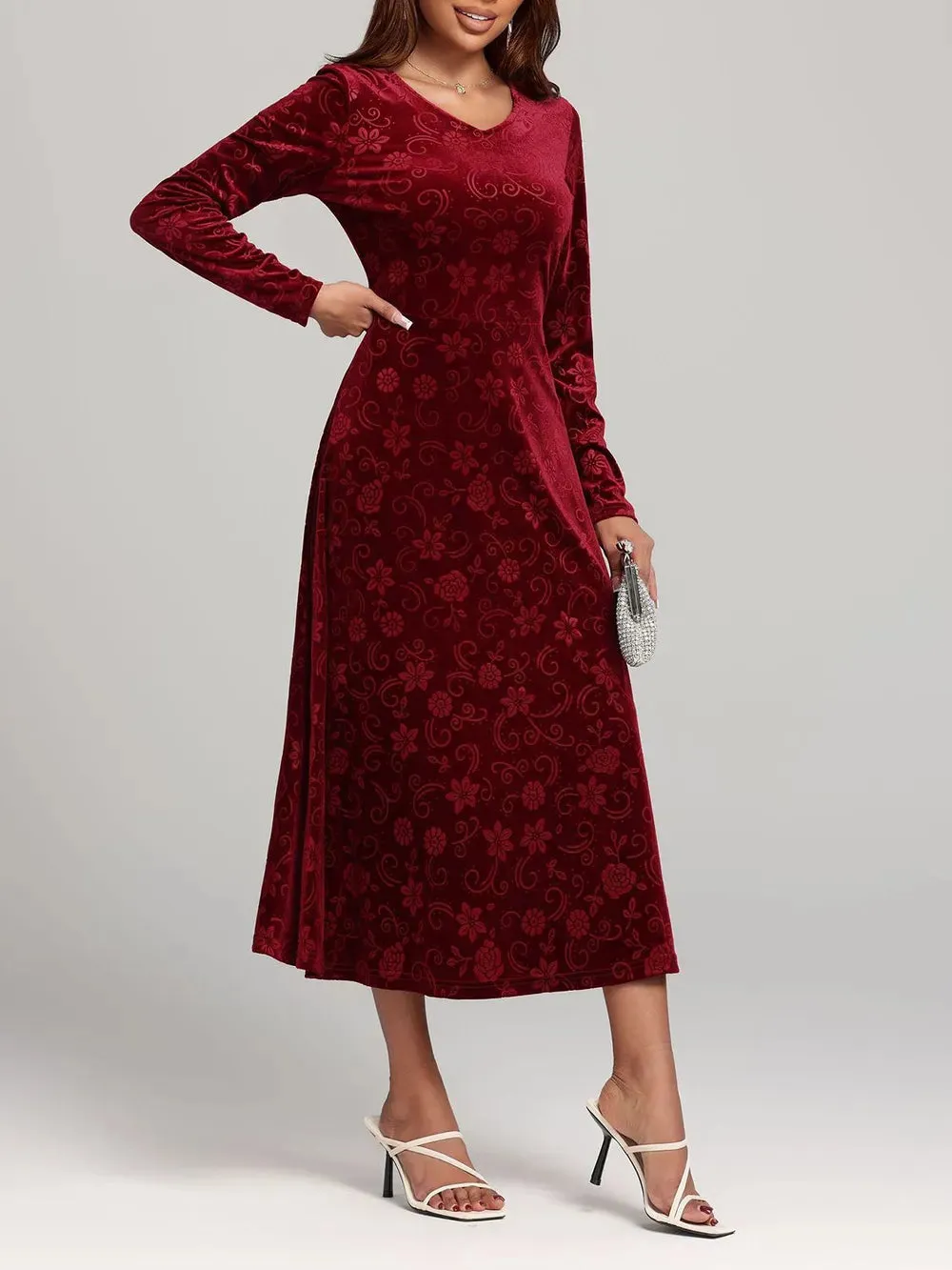 Flower Print V-Neck Long Sleeve Midi Dress sold by Gigi Laurent product image thumbnail 4