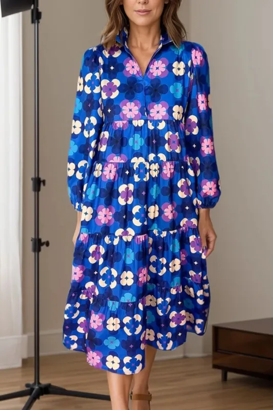 Printed Collared Neck Long Sleeve Midi Dress sold by Gigi Laurent