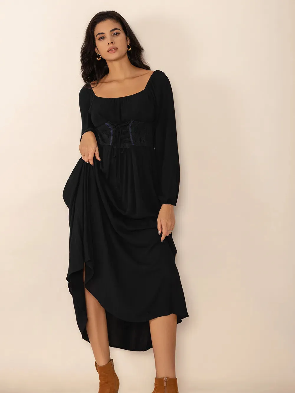 Lace-Up Square Neck Long Sleeve Midi Dress sold by Gigi Laurent product image thumbnail 4
