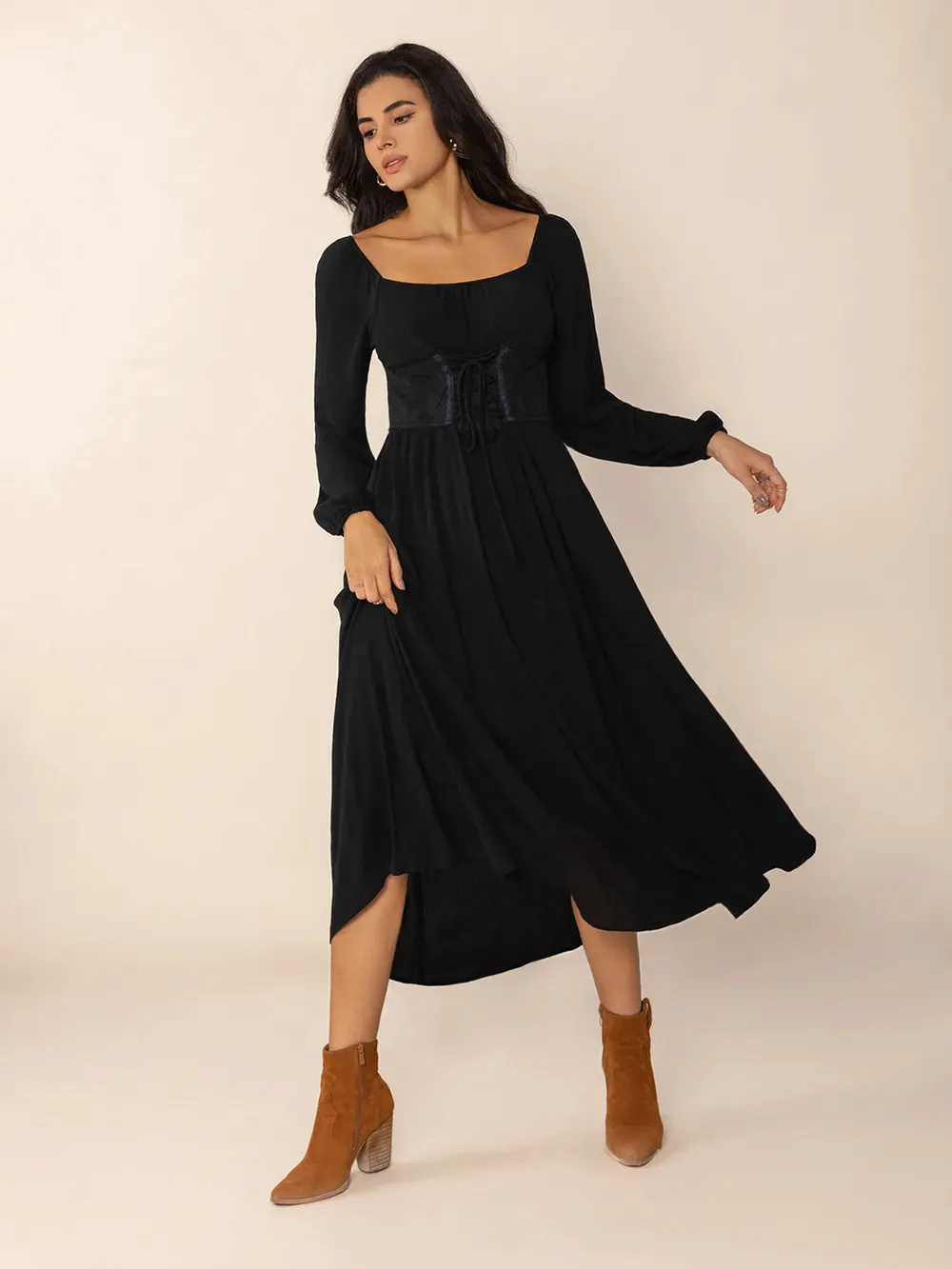 Lace-Up Square Neck Long Sleeve Midi Dress sold by Gigi Laurent product image thumbnail 5