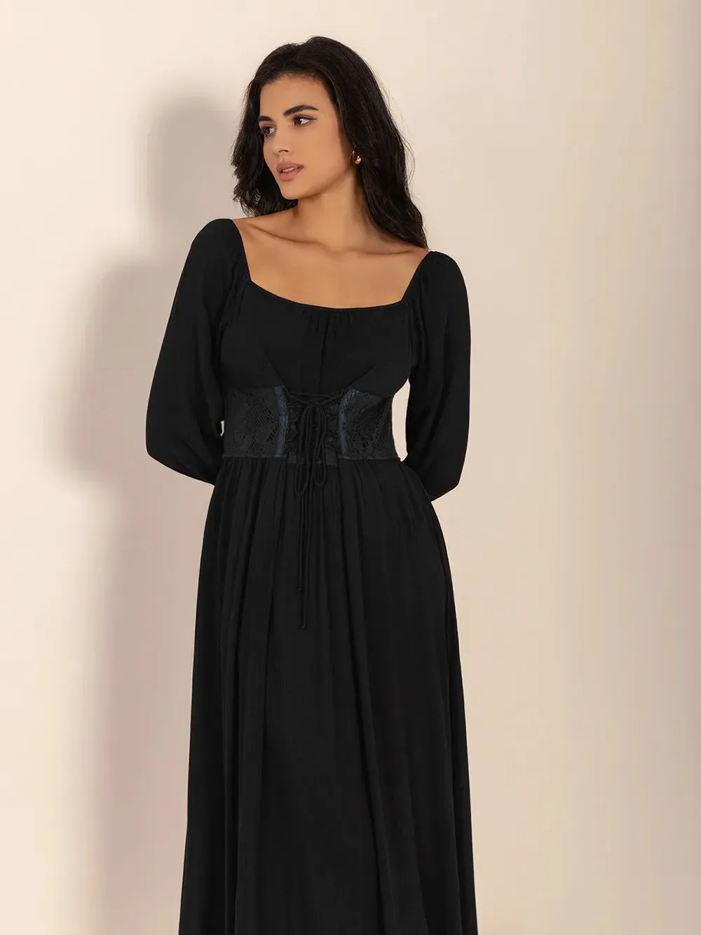 Lace-Up Square Neck Long Sleeve Midi Dress sold by Gigi Laurent product image thumbnail 2