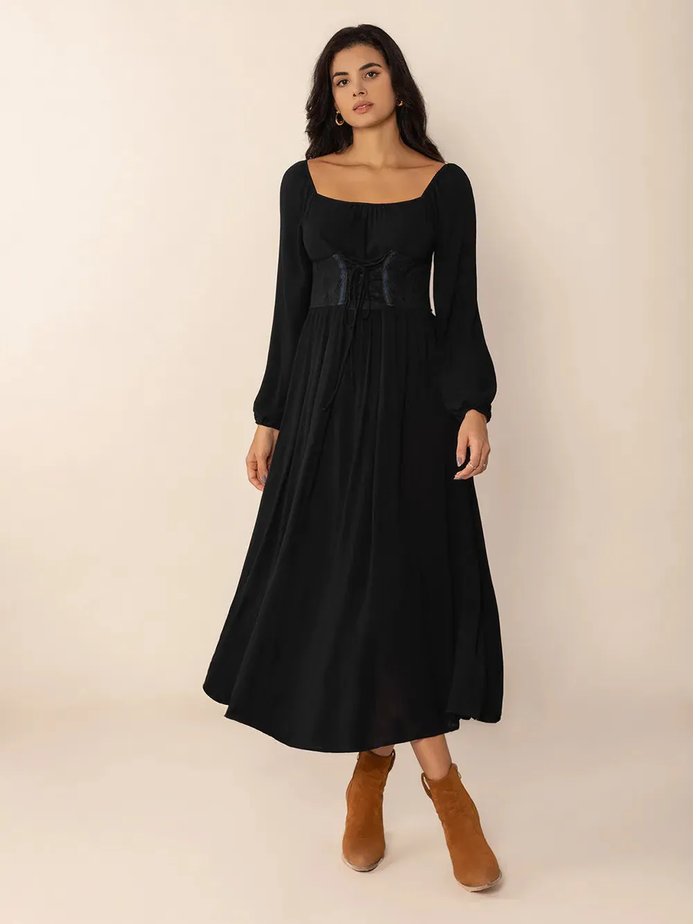 Lace-Up Square Neck Long Sleeve Midi Dress sold by Gigi Laurent