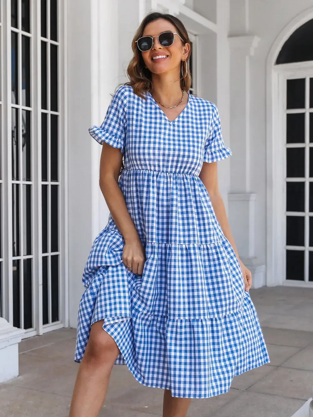 Plaid V-Neck Short Sleeve Midi Dress sold by Gigi Laurent