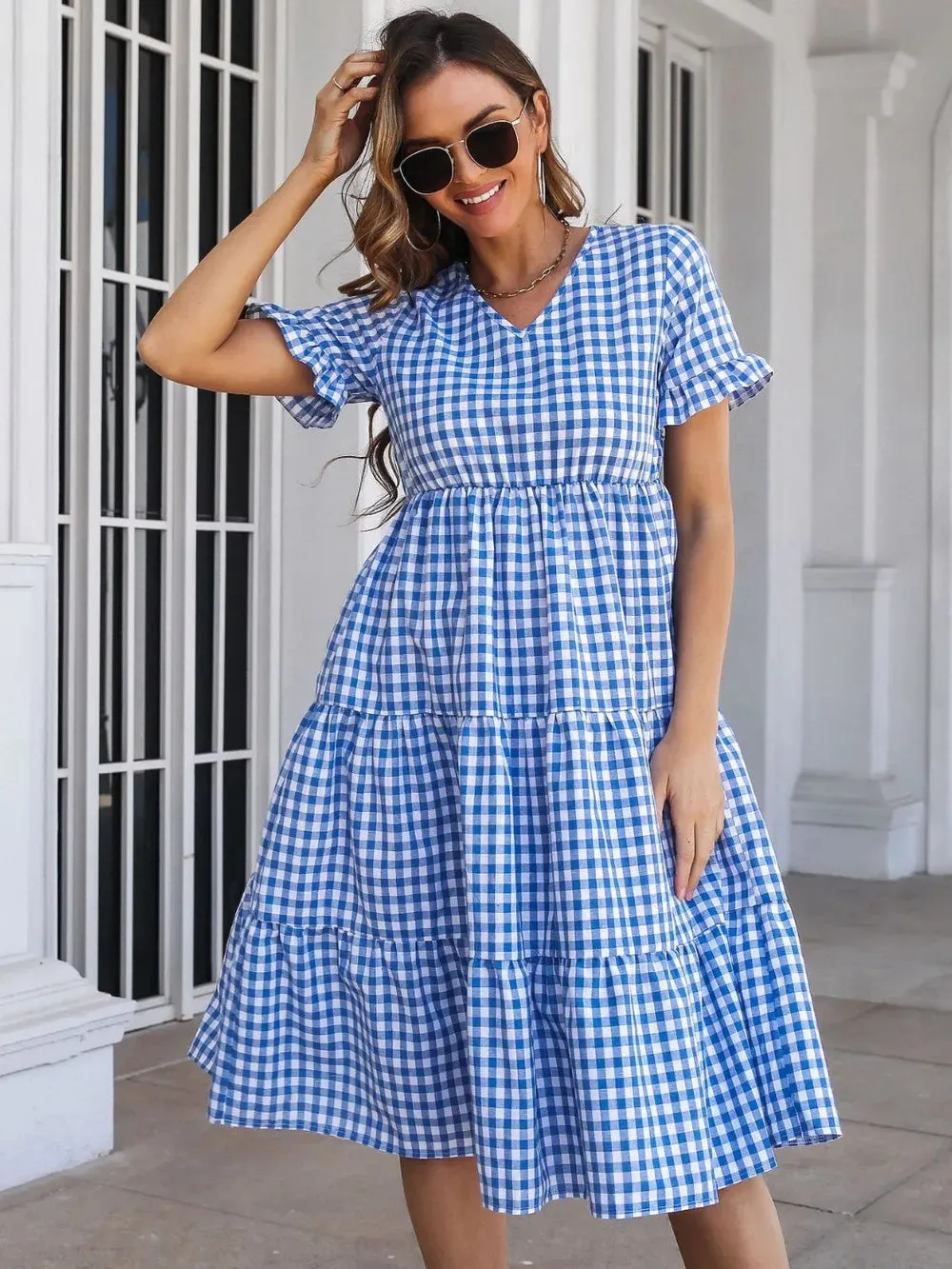 Plaid V-Neck Short Sleeve Midi Dress sold by Gigi Laurent product image thumbnail 3
