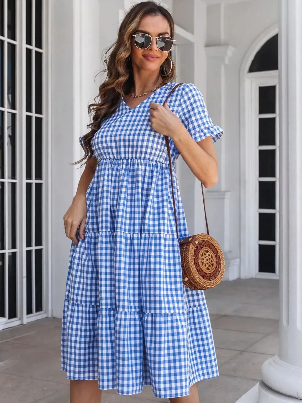 Plaid V-Neck Short Sleeve Midi Dress sold by Gigi Laurent product image thumbnail 4