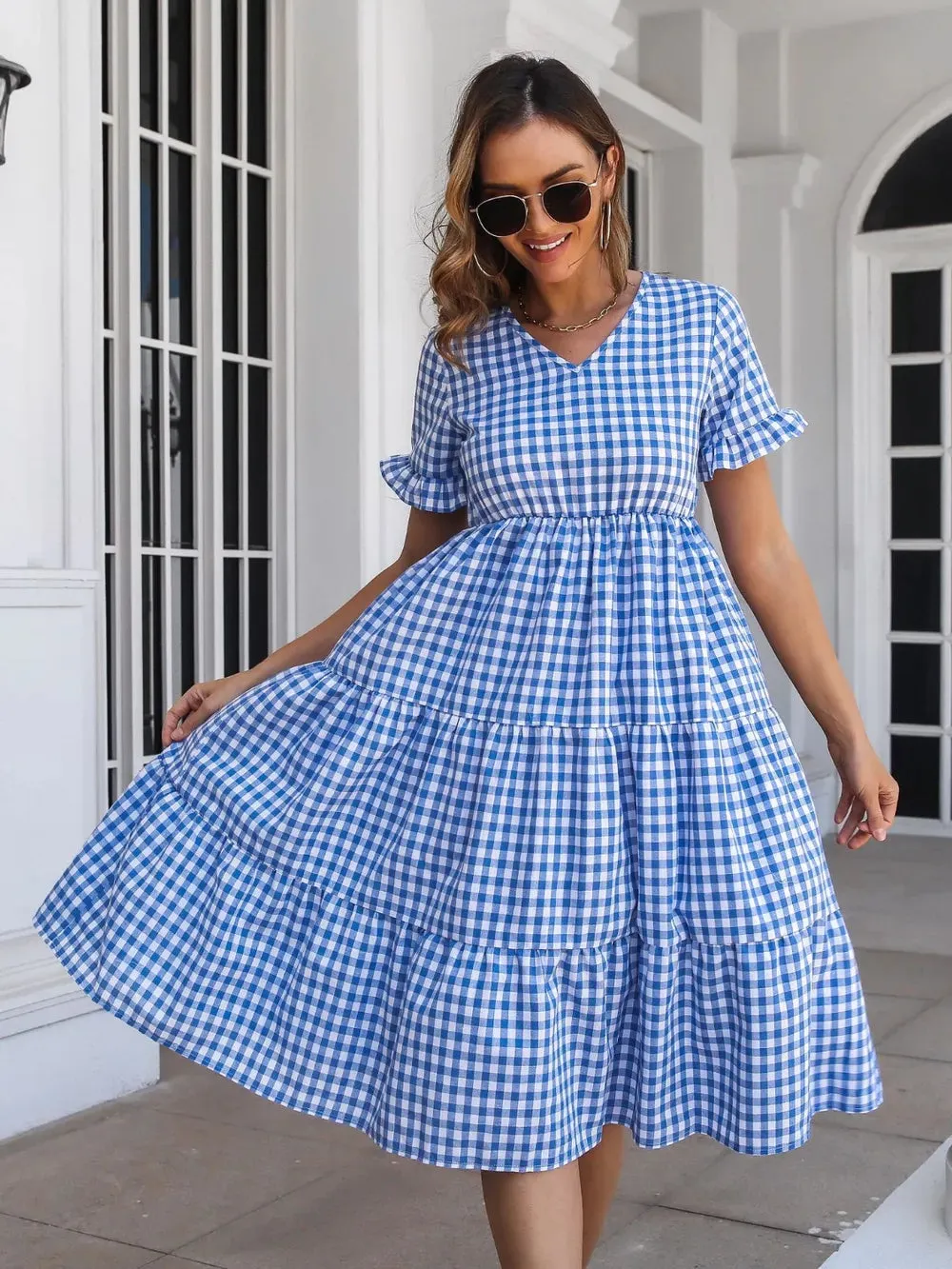 Plaid V-Neck Short Sleeve Midi Dress sold by Gigi Laurent product image thumbnail 5