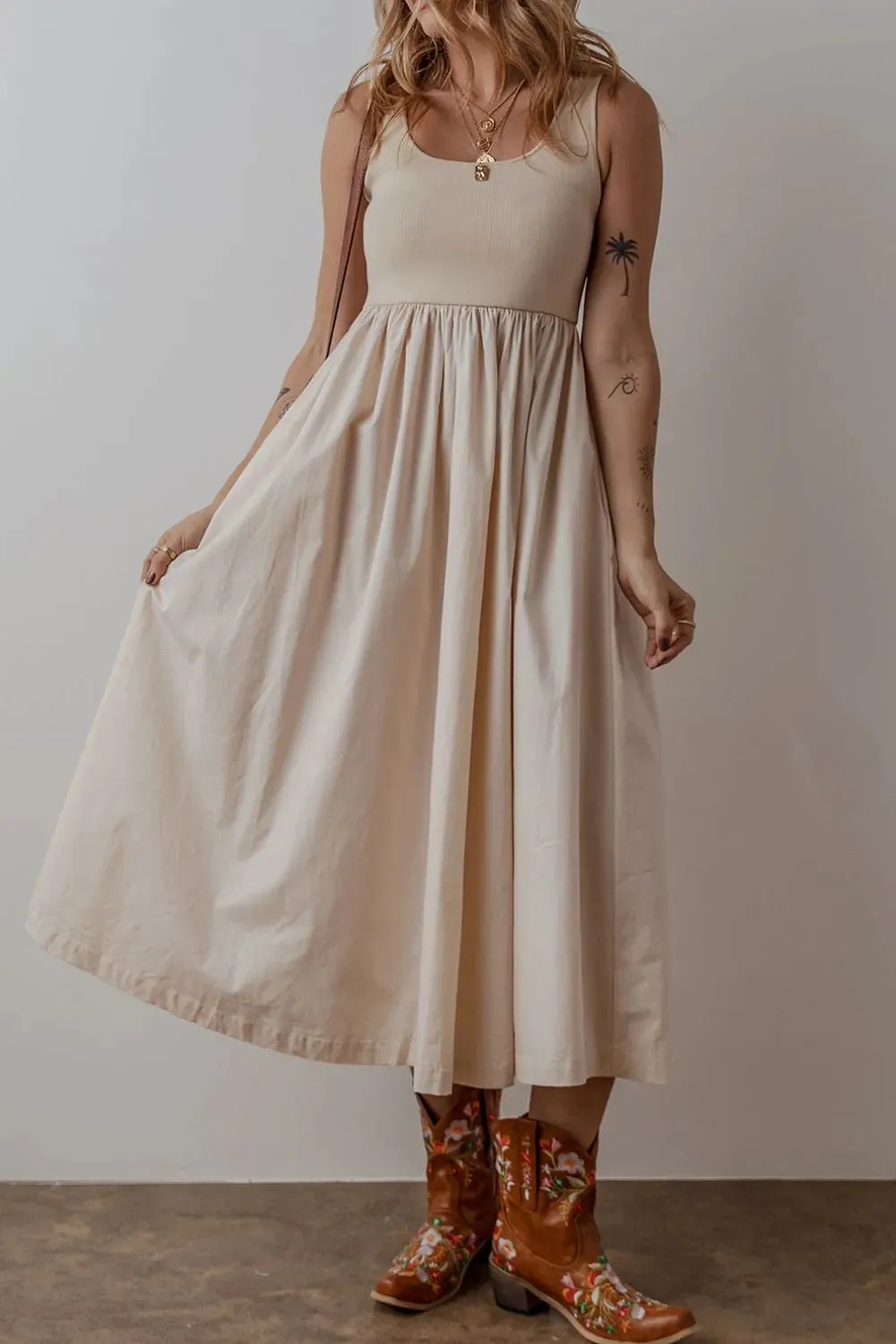 Scoop Neck Ribbed Bodice Sleeveless Midi Tank Dress sold by Gigi Laurent