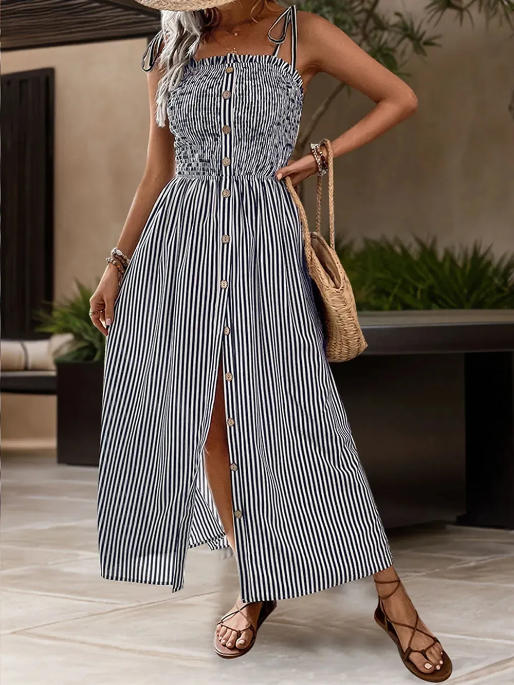 Perfee Tied Smocked Striped Sleeveless Midi Dress sold by Gigi Laurent product image thumbnail 3