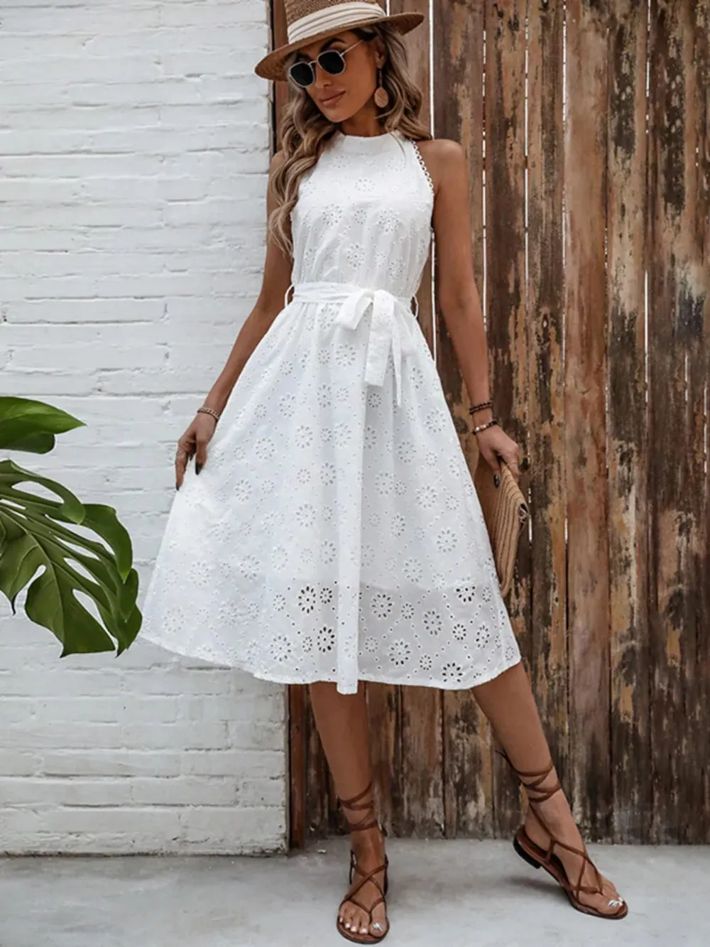 Eyelet Grecian Neck Tie Waist Midi Dress sold by Gigi Laurent product image thumbnail 5
