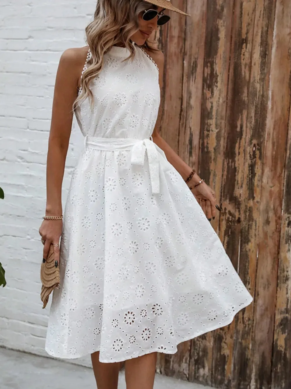 Eyelet Grecian Neck Tie Waist Midi Dress sold by Gigi Laurent product image thumbnail 2