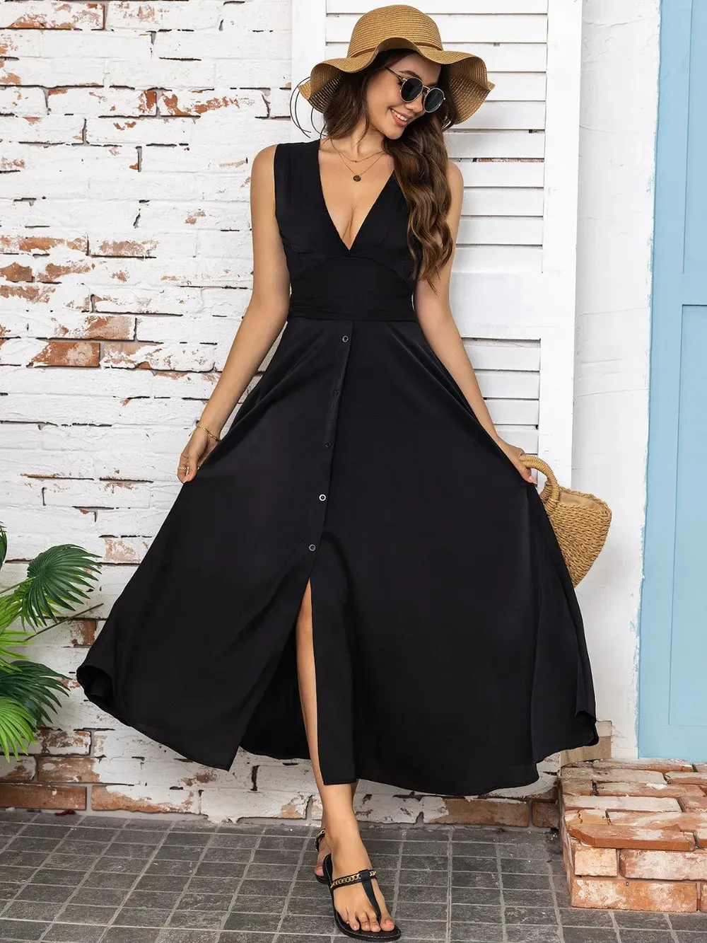 Full Size Slit V-Neck Sleeveless Midi Dress sold by Gigi Laurent