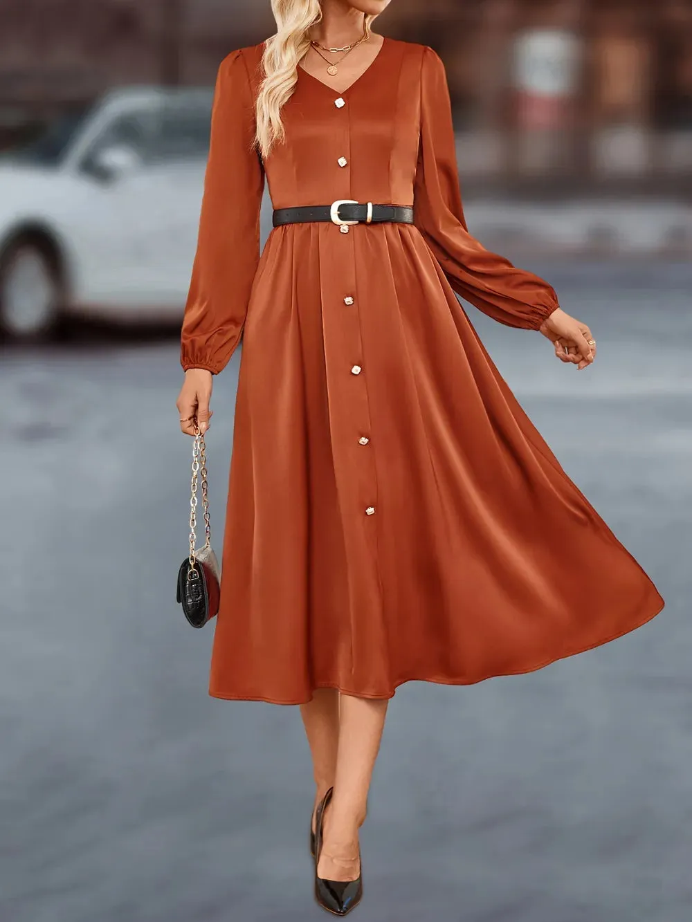 V-Neck Balloon Sleeve Midi Dress sold by Gigi Laurent product image thumbnail 5