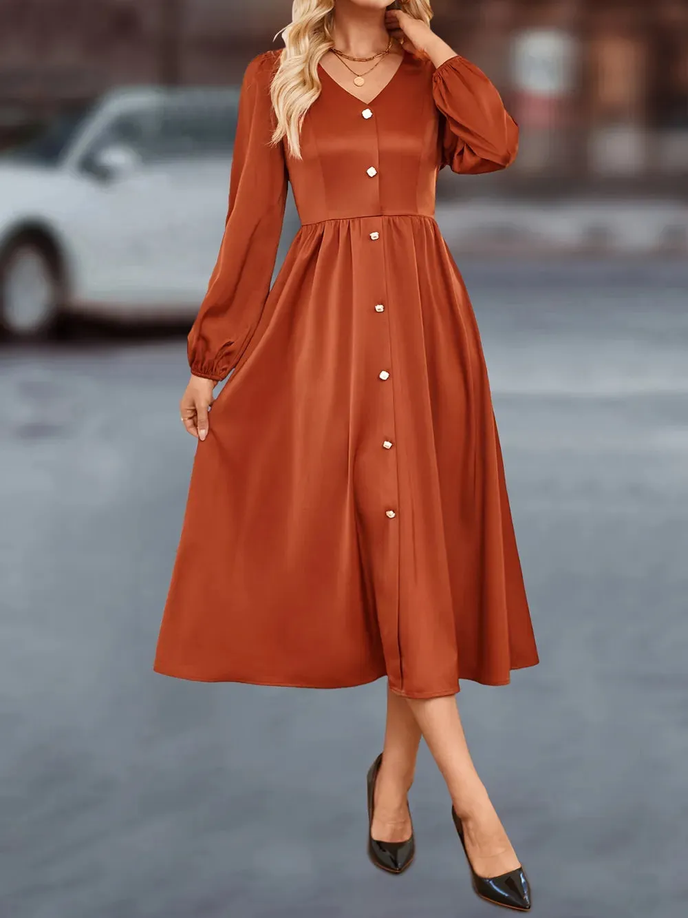 V-Neck Balloon Sleeve Midi Dress sold by Gigi Laurent product image thumbnail 2