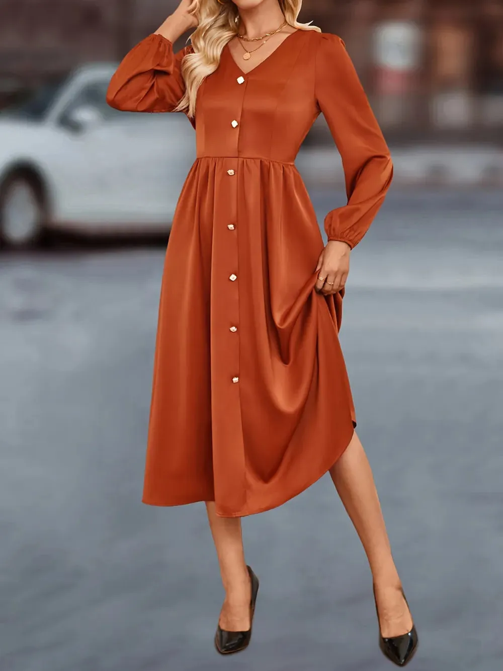 V-Neck Balloon Sleeve Midi Dress sold by Gigi Laurent product image thumbnail 3