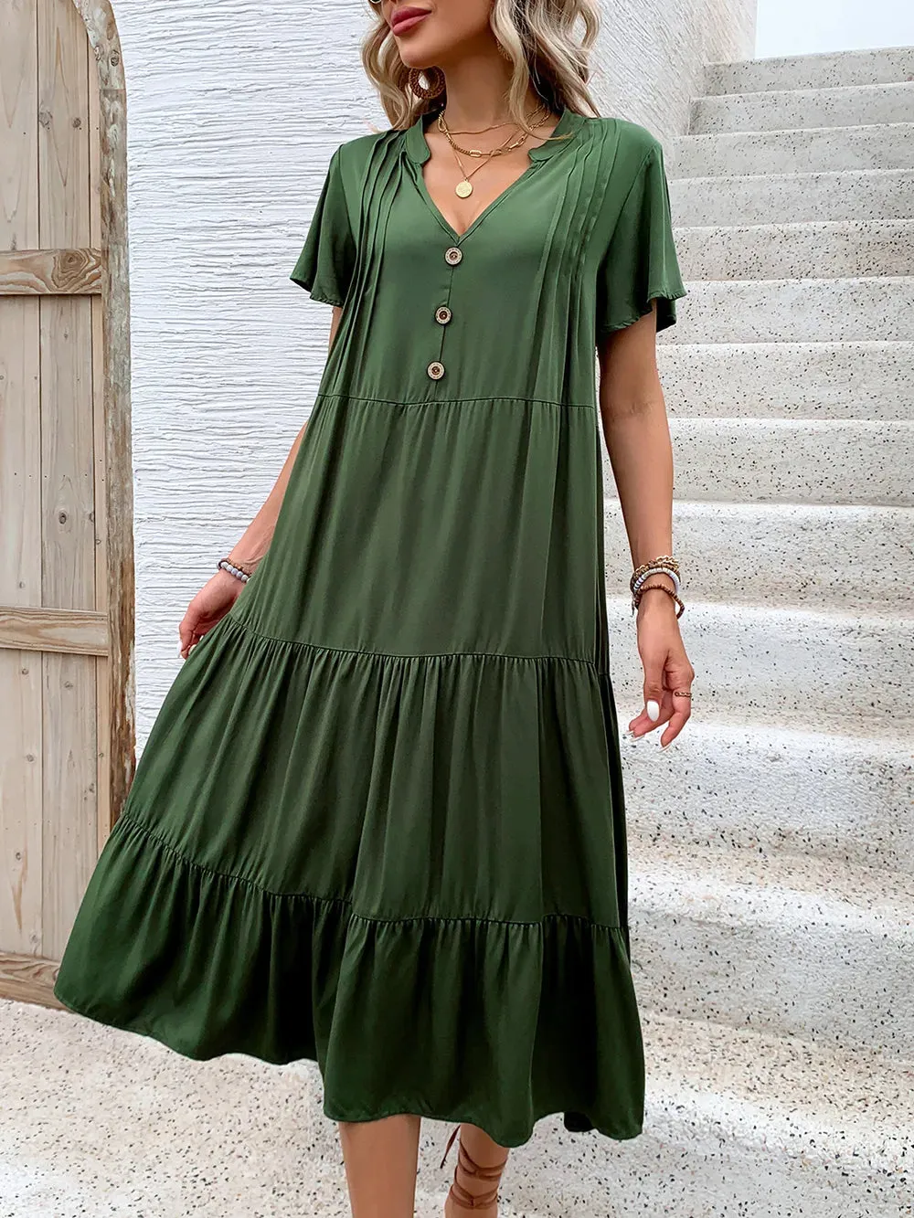 Perfee Tiered Notched Short Sleeve Midi Dress sold by Gigi Laurent product image thumbnail 4