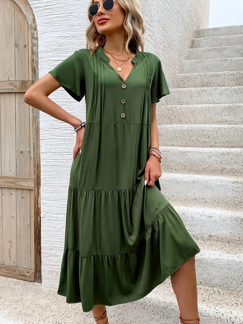 Perfee Tiered Notched Short Sleeve Midi Dress sold by Gigi Laurent