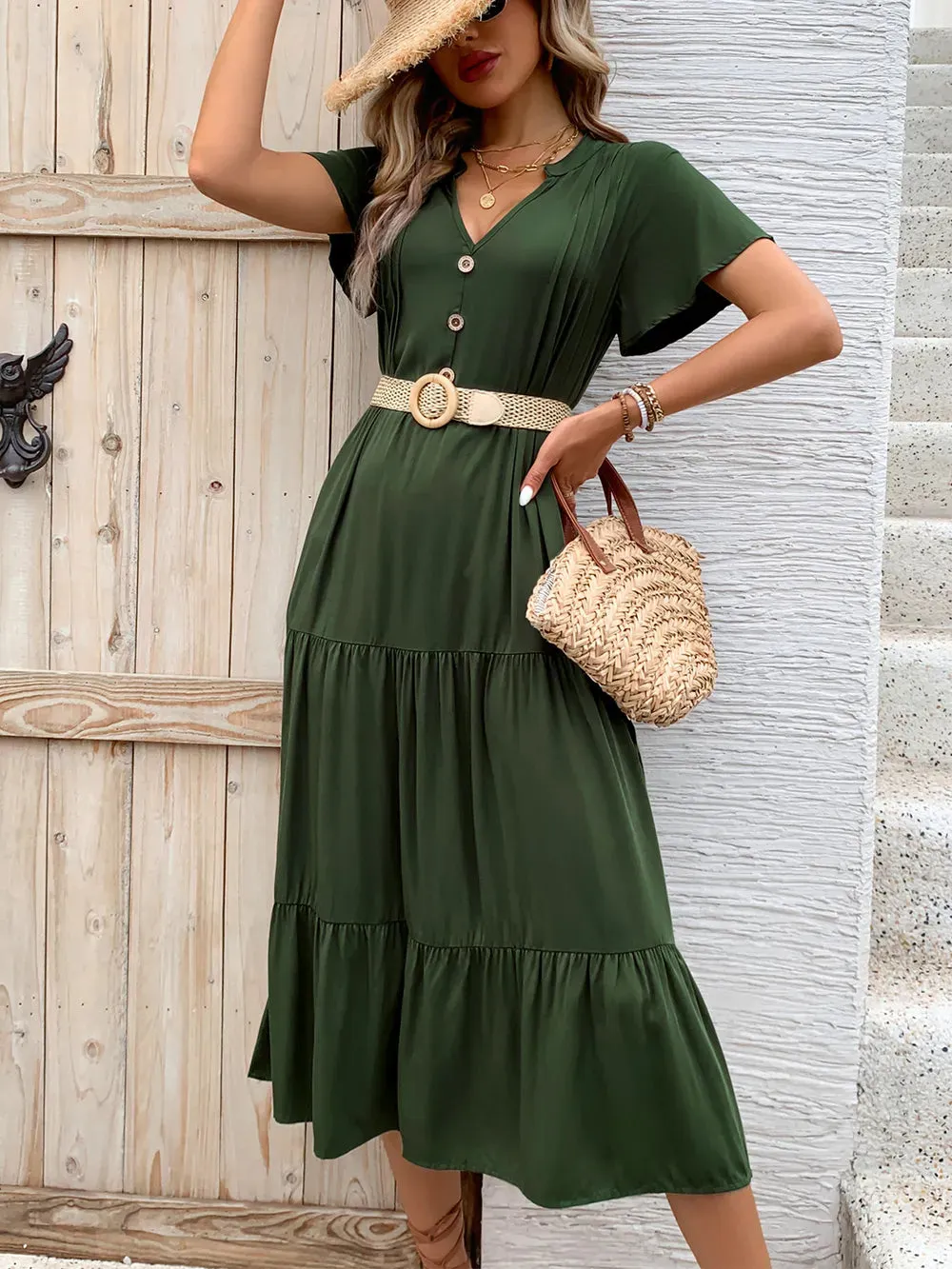 Perfee Tiered Notched Short Sleeve Midi Dress sold by Gigi Laurent product image thumbnail 5