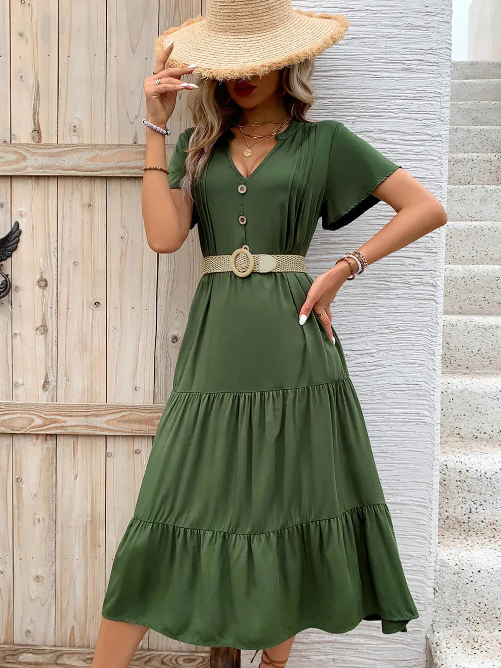 Perfee Tiered Notched Short Sleeve Midi Dress sold by Gigi Laurent product image thumbnail 3