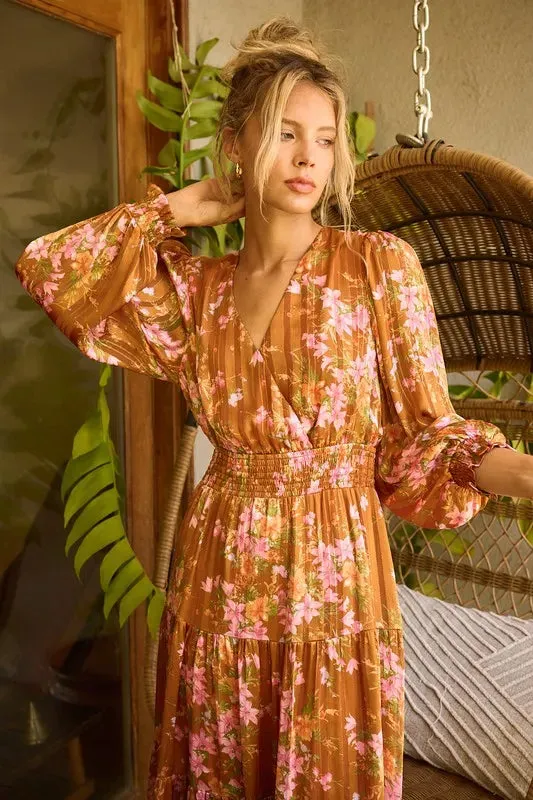 Mittoshop Flower Print Satin Lurex Stripe Smocked Midi Dress sold by Gigi Laurent