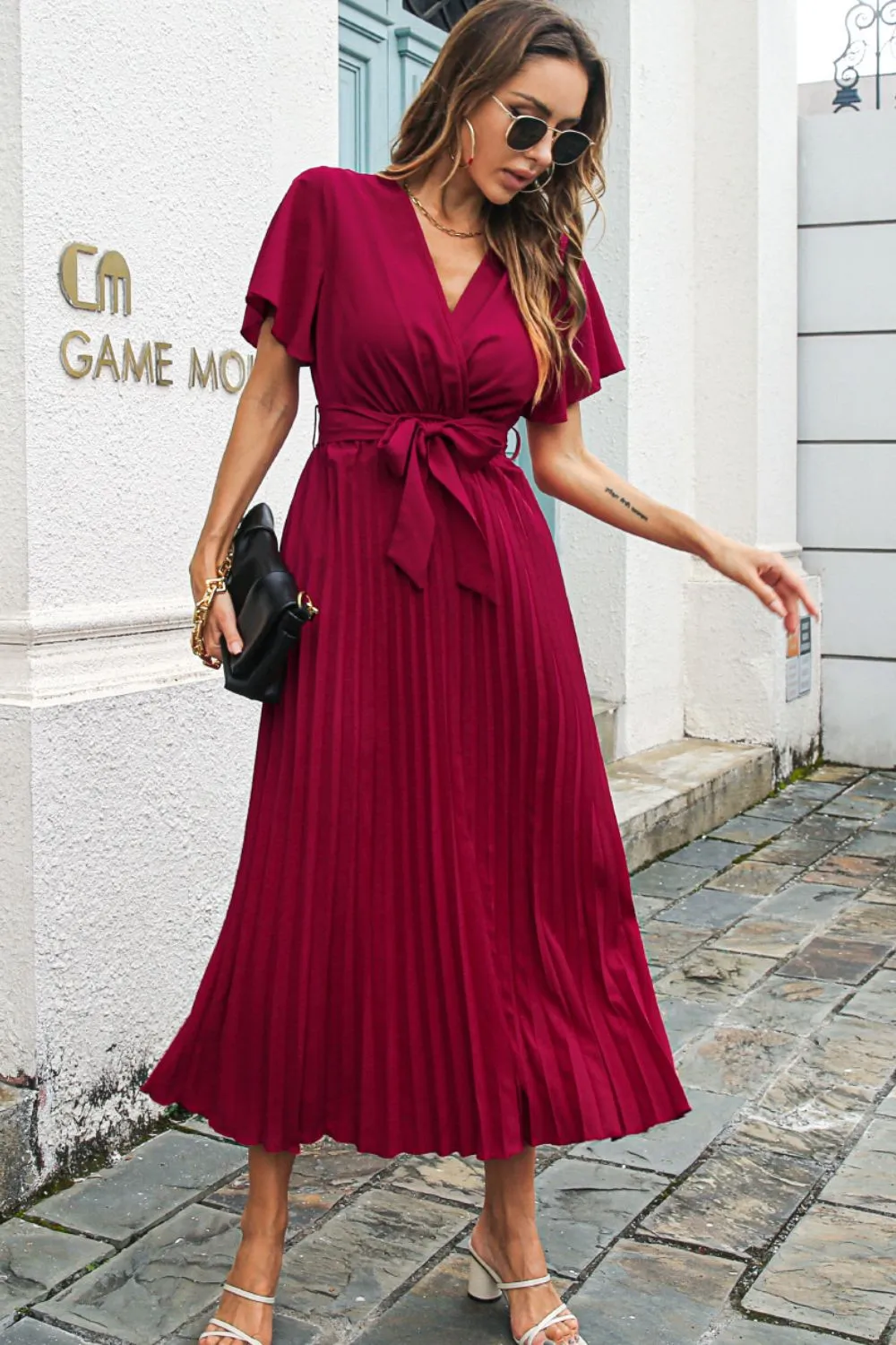 Flutter Sleeve Belted Surplice Midi Dress sold by Gigi Laurent product image thumbnail 5