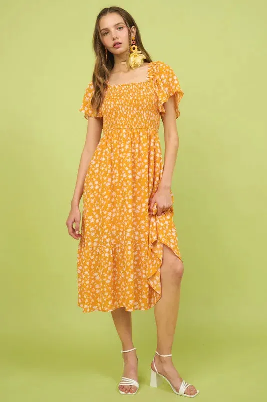 Mittoshop Flower Print Flutter Sleeve Smocked Midi Dress sold by Gigi Laurent