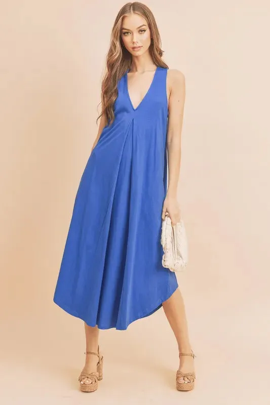 Aemi + Co Front Pleat Detail V-Neck Sleeveless Midi Dress sold by Gigi Laurent
