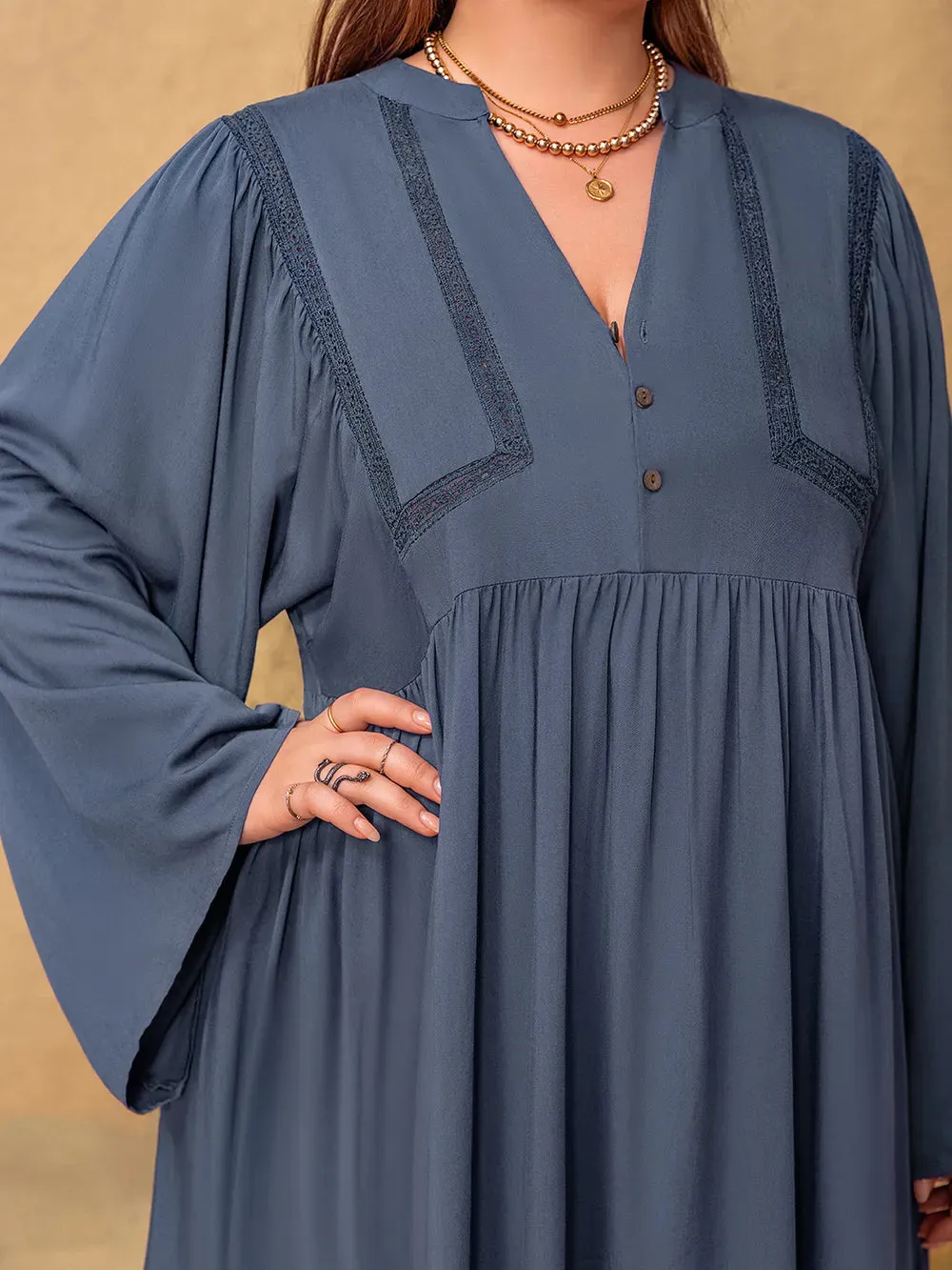 Plus Size Lace Detail Notched Long Sleeve Midi Dress sold by Gigi Laurent product image thumbnail 4