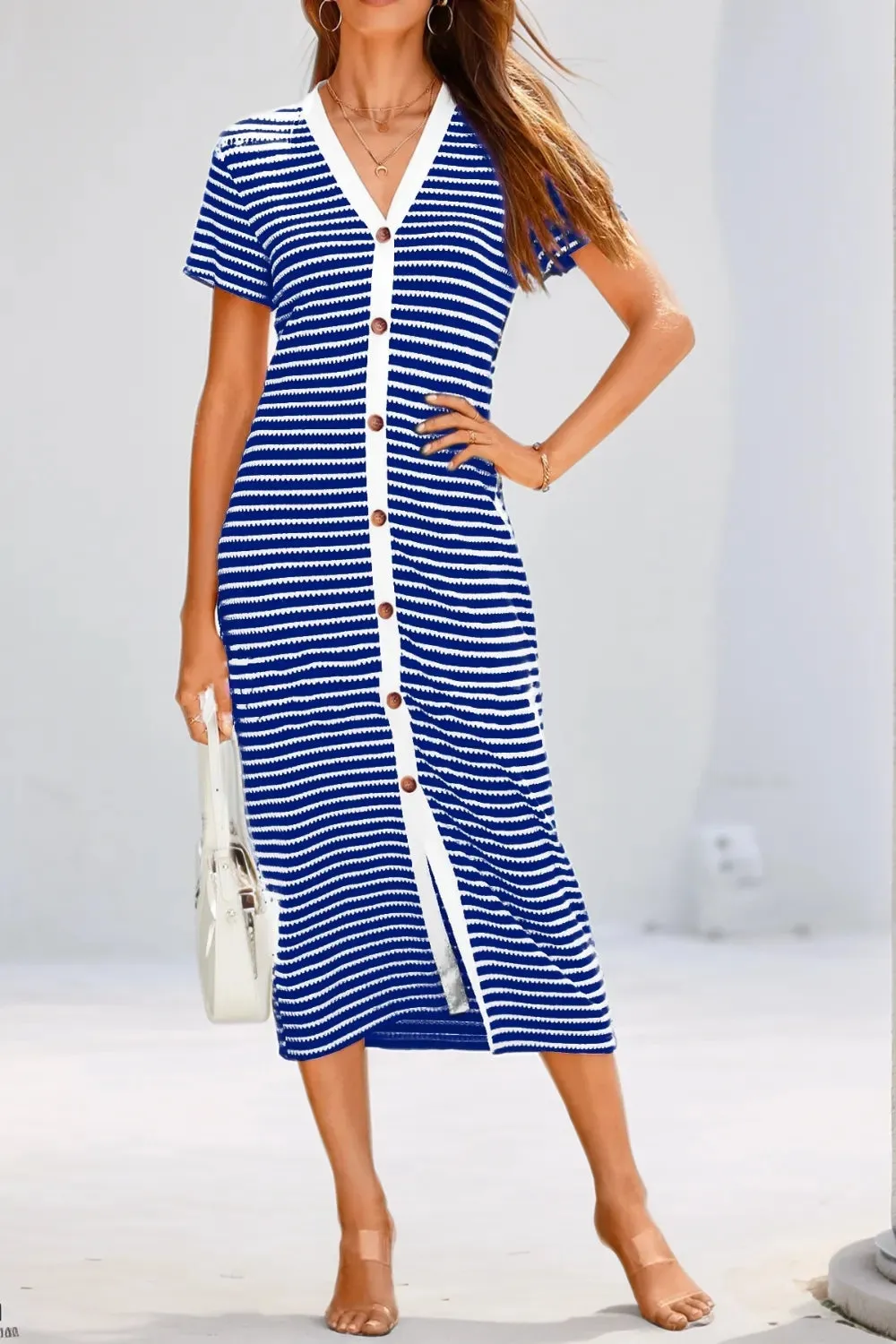 Contrast Striped V-Neck Short Sleeve Midi Dress sold by Gigi Laurent product image thumbnail 5