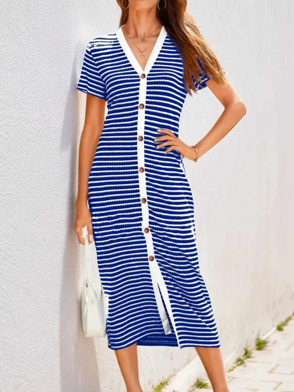 Contrast Striped V-Neck Short Sleeve Midi Dress sold by Gigi Laurent product image thumbnail 4