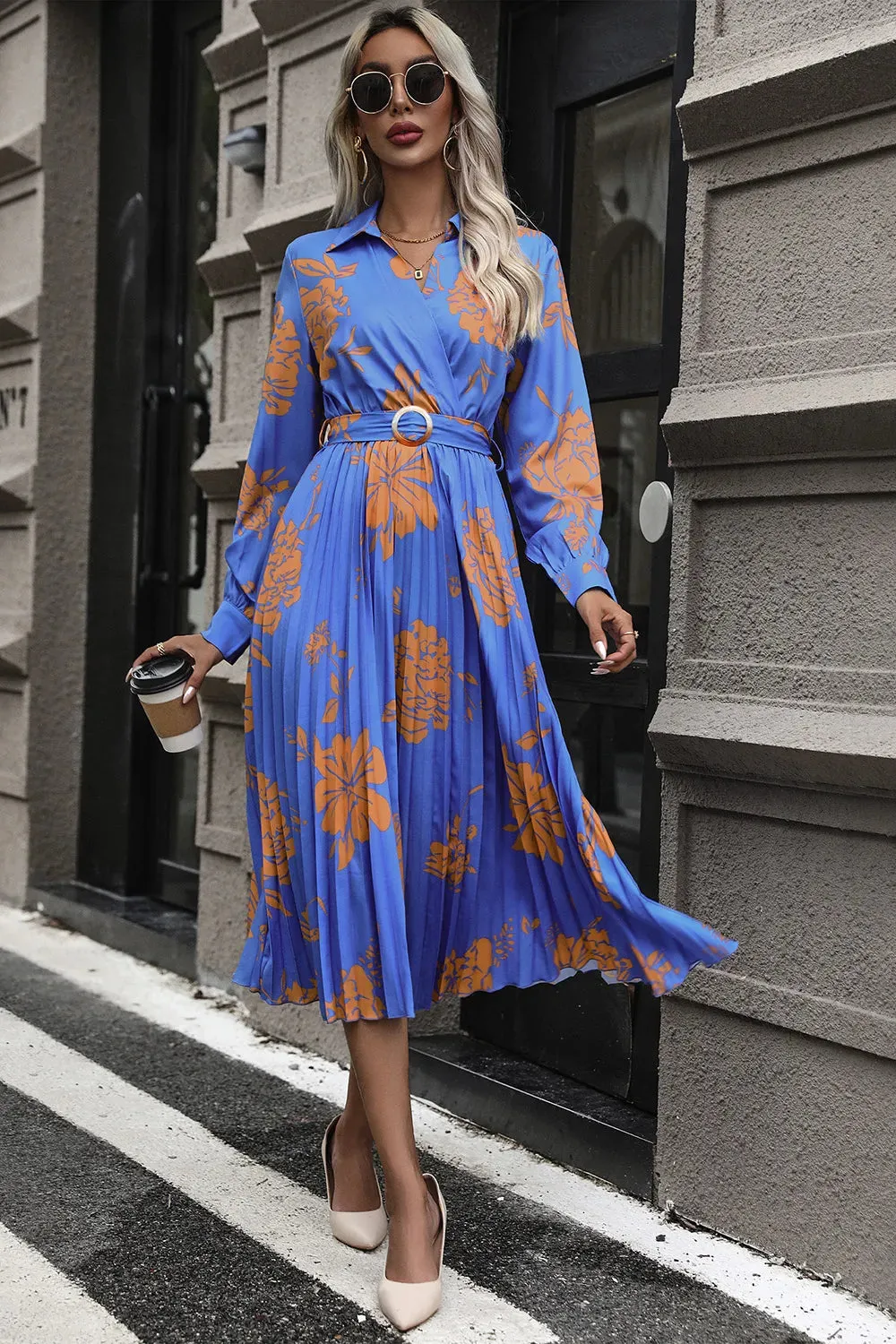 Perfee Floral Pleated Surplice Long Sleeve Midi Dress sold by Gigi Laurent