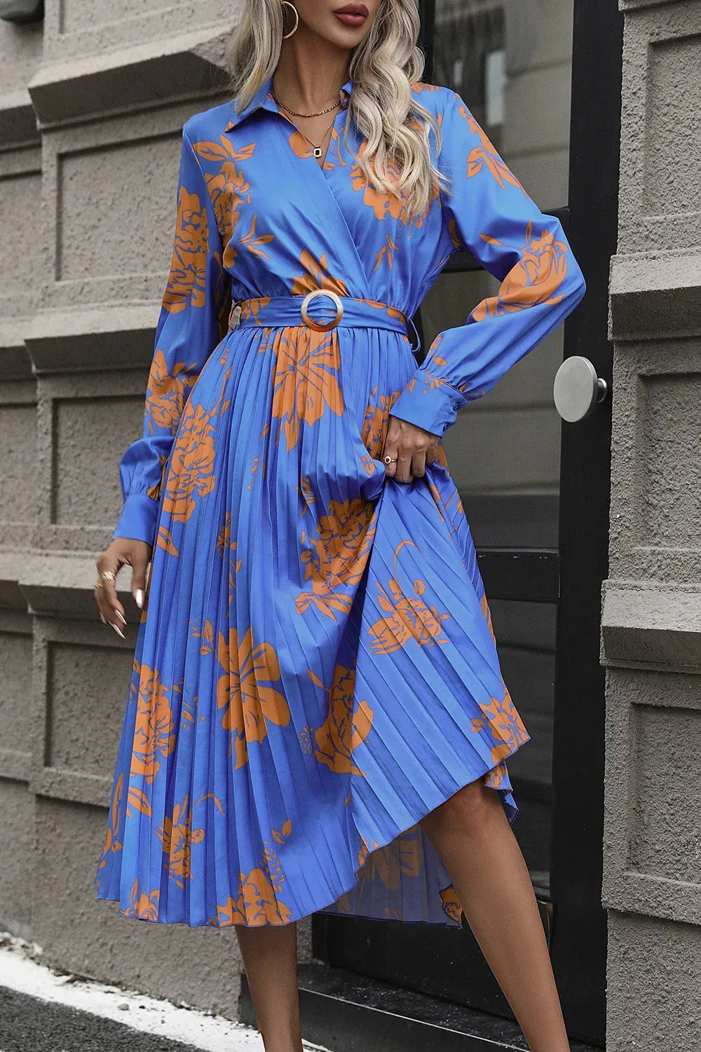 Perfee Floral Pleated Surplice Long Sleeve Midi Dress sold by Gigi Laurent product image thumbnail 4