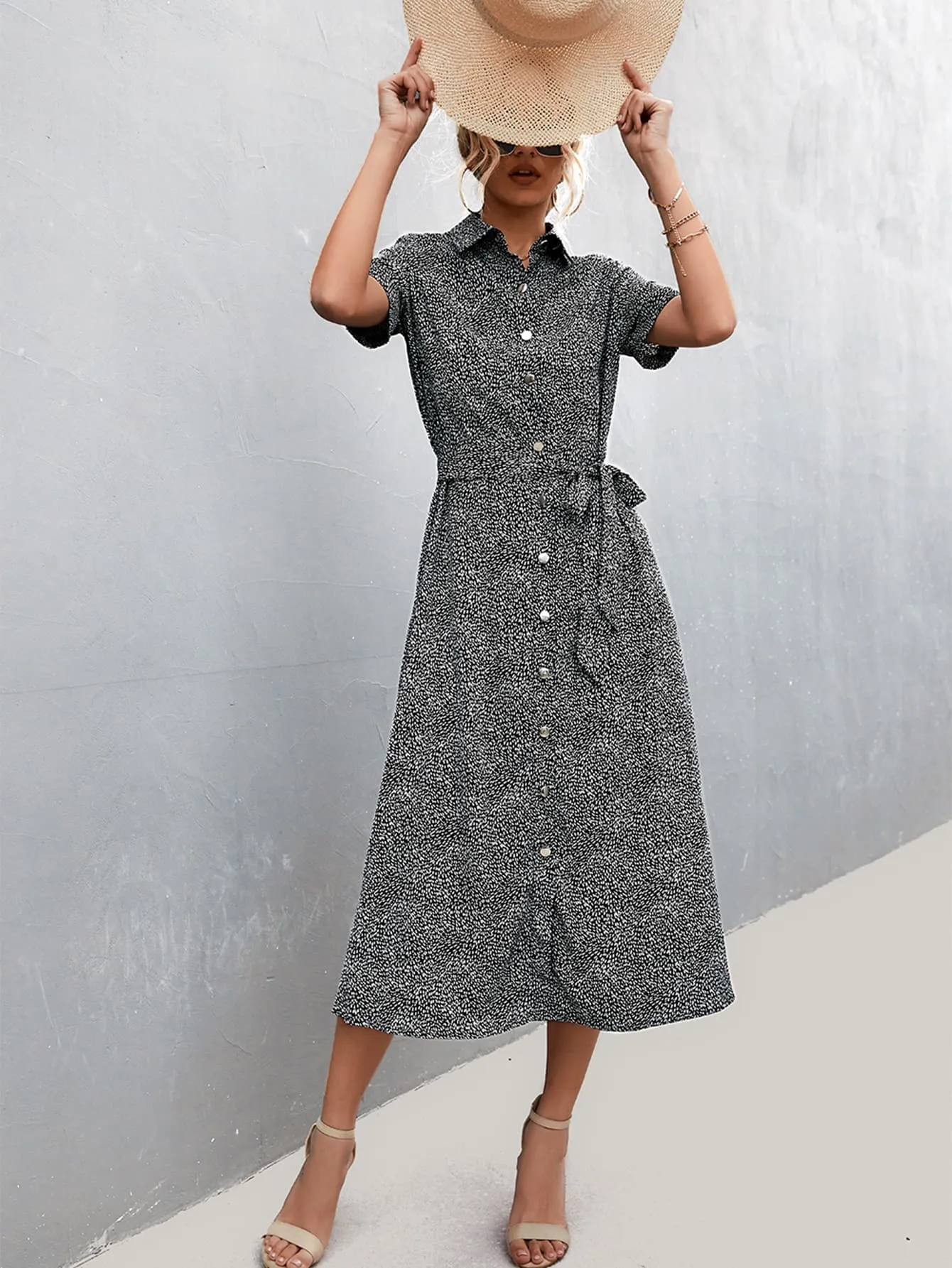 Printed Tie Waist Short Sleeve Shirt Dress sold by Gigi Laurent product image thumbnail 5