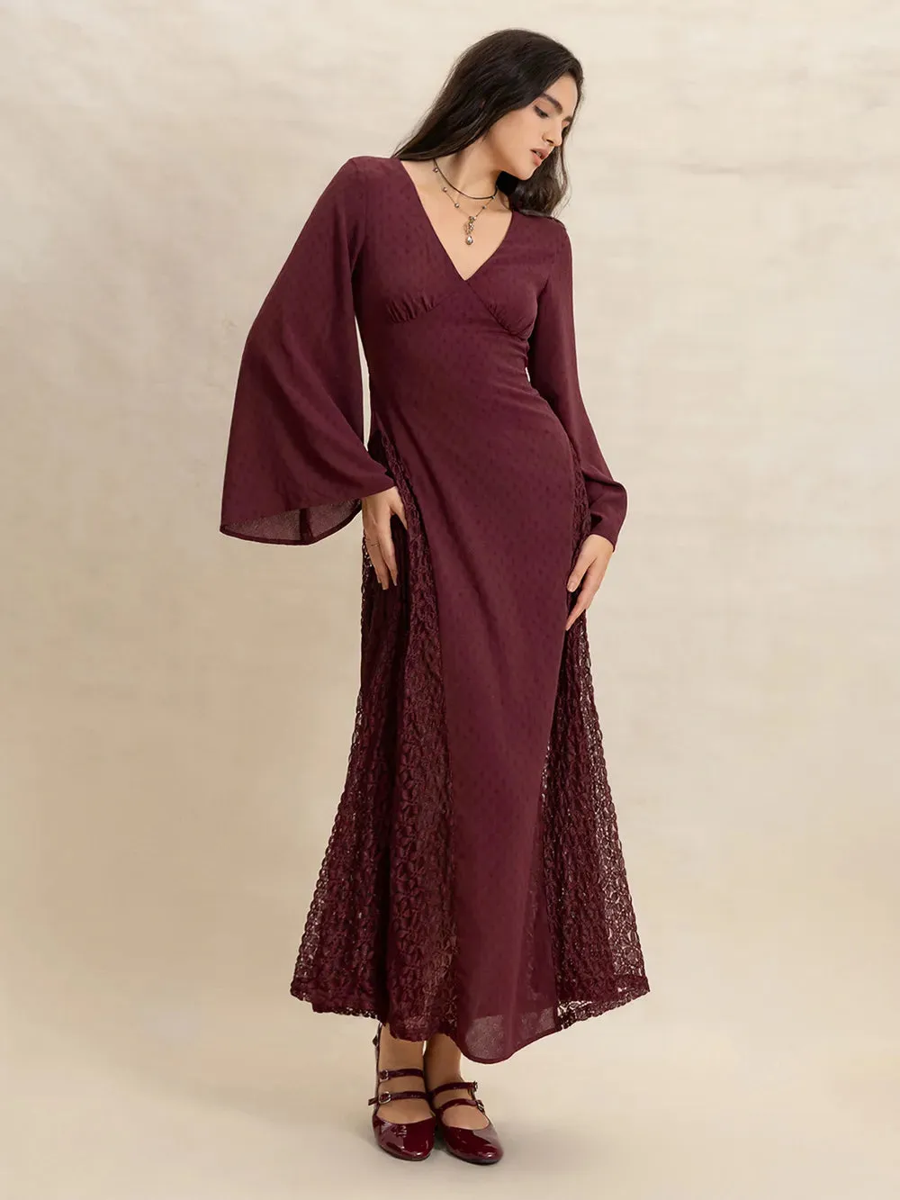 Lace Patchwork V-Neck Long Sleeve Midi Dress sold by Gigi Laurent product image thumbnail 5
