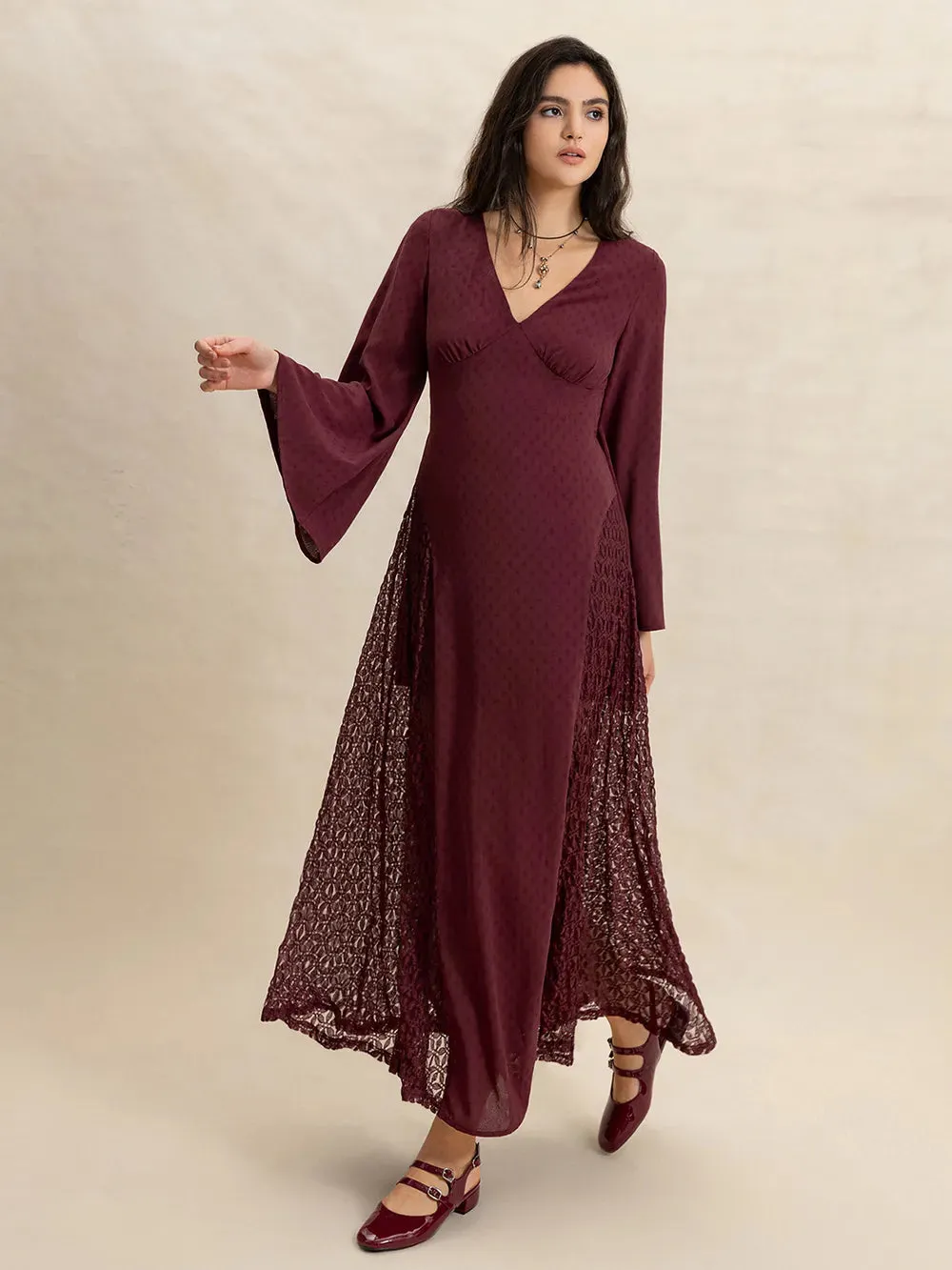 Lace Patchwork V-Neck Long Sleeve Midi Dress sold by Gigi Laurent product image thumbnail 2